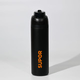 A drink bottle in matte black with an orange logo, featuring a secure flip-top lid.