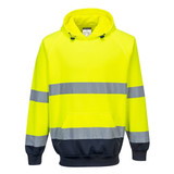 Hi-Vis two-tone hooded sweater in bright yellow with grey reflective stripes and navy blue accents. Features a logo.