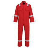 A red coverall with reflective stripes, featuring two front pockets and long sleeves, suitable for work uniforms.