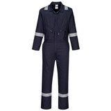 A navy cotton coverall with reflective stripes, featuring a zip front and multiple pockets. It has a logo on the sleeve.