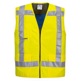 Hi-vis yellow cooling vest with silver reflective strips, featuring multiple pockets and a zip front. Includes a logo.