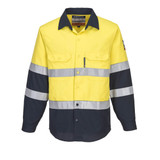 A high-visibility shirt featuring yellow and navy blue colours with reflective stripes, equipped with buttons and pockets.