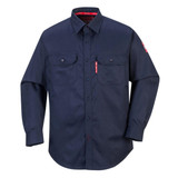 A navy blue long-sleeve work shirt featuring two chest pockets and a logo on the sleeve.
