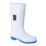 A white safety Wellington boot with a blue sole and an attached logo.