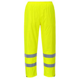 Hi-Vis rain trousers in bright yellow with reflective silver stripes. Features an elasticised waistband and a logo.
