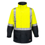 A hi-vis jacket featuring bright yellow and navy blue colours, with reflective strips and a collar. It has a logo.