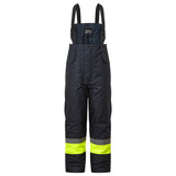 A black insulated bib and brace featuring high-visibility yellow stripes, equipped with adjustable straps and pockets.