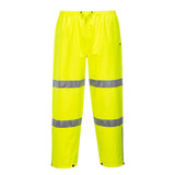 Bright yellow pants featuring reflective stripes, designed for visibility, with an elastic waist and adjustable toggles.