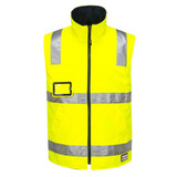 A bright yellow Hi-Vis traffic vest with reflective strips and a pocket, suitable for workwear. Features a logo.