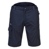 Navy cargo shorts featuring multiple pockets and a fitted waistband. Includes a logo on the side.