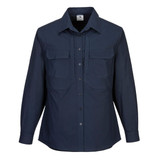 A navy long-sleeve utility work shirt featuring two chest pockets and a button-down front. It has a branded logo.