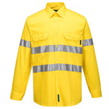 A lightweight long-sleeve yellow work shirt with silver reflective stripes and two chest pockets. Features a logo.