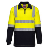 A high-visibility fleece jumper in fluorescent yellow and black with reflective stripes. Features a zip neck and a logo.