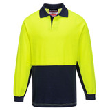 A long-sleeve polo shirt in fluorescent yellow and navy blue, featuring a collar and a branded logo.
