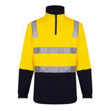 A cotton fleece jumper in high visibility yellow with reflective silver stripes and a navy blue lower section.