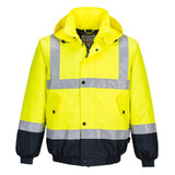 A high-visibility jacket in bright yellow and navy, featuring reflective stripes and a hood. It includes a logo.