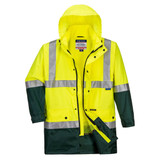 A Hi-Vis 2-Tone jacket in fluorescent yellow and green, featuring reflective stripes and a hood, with a brand logo.