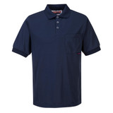 A navy blue micro mesh polo shirt with short sleeves and a chest pocket, featuring a logo.