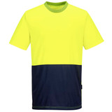 A two-tone short-sleeve t-shirt in high visibility yellow and navy blue with a logo branding.