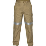 Cotton cargo pants in khaki with reflective tape details and side pockets, featuring a logo on the pocket.