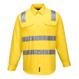 A bright yellow button-up shirt with reflective silver stripes and two chest pockets, featuring a logo on the front.