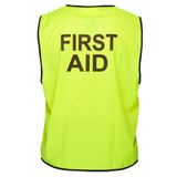 A hi-vis yellow vest with "FIRST AID" printed on the back, featuring black trim. 