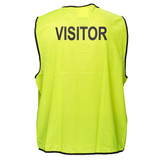 A high-visibility vest in neon yellow, featuring a logo, designed for visitor identification.
