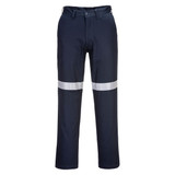 Navy work pants featuring reflective strips, designed for durability and visibility, complete with a logo.