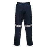 Cargo pants in dark navy, featuring reflective tape accents and multiple side pockets. Includes a logo on the waistband.