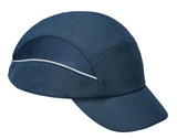A navy blue bump cap featuring a curved peak and mesh side panels, along with branding.