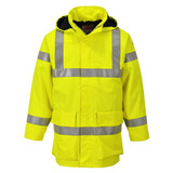 A bright yellow rain jacket with reflective strips and a hood. It features a checkered pattern and pockets.