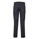 Black cargo trousers featuring multiple pockets and a straight-leg design. Includes a branding logo.