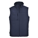 A navy softshell bodywarmer featuring a high collar and multiple zip pockets, with a logo on the front.