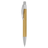 A bamboo pen with a silver clip and tip, featuring a smooth wooden shaft.