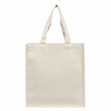 A plain cream canvas tote bag with two straps and a simple design. It features a branding logo.