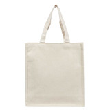 A natural-coloured canvas tote bag with sturdy handles and a branding logo on one side.
