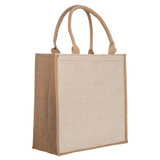 A reusable shopping bag in natural beige with brown accents and sturdy handles. Features a branding logo.