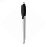 A silver plastic pen with a black grip and silver clip, featuring a branding logo.