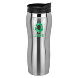 A stainless steel travel mug with a black lid and a green logo. Ideal for carrying beverages.