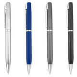 A set of four metal pens in silver, blue, grey, and black, featuring a sleek design and a logo.