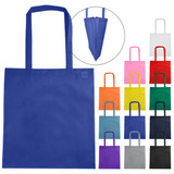 Non woven tote bags in various colours including blue, white, pink, yellow, and green, featuring long handles and a logo.