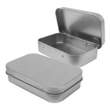 A silver tin with a removable lid, displaying an empty, rectangular interior suitable for storage.