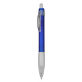 A blue pen with a clear barrel and white grip, featuring a clip and a logo.