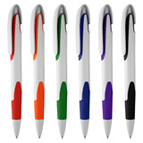 A collection of six plastic pens in orange, green, blue, purple, and black, each with a white body and a logo.