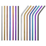 A collection of colourful stainless steel straws, featuring straight and bent designs in various metallic hues.