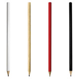 A set of four wooden pencils in white, natural wood, red, and black, each with a sharpened tip.