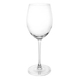 A clear, elegant wine glass standing on a smooth base, designed for serving wine. Features a simple logo.