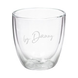 A double wall glass featuring a clear design with a subtle branding logo. Holds 340ml of liquid.