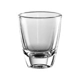 A clear glass shot glass with a solid base, showcasing a simple, elegant design. It features a small logo.