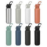 A drink bottle collection featuring eight recycled aluminium bottles in various colours: silver, green, white, orange, teal, navy, and black. Each bottle has a lid with a clip.